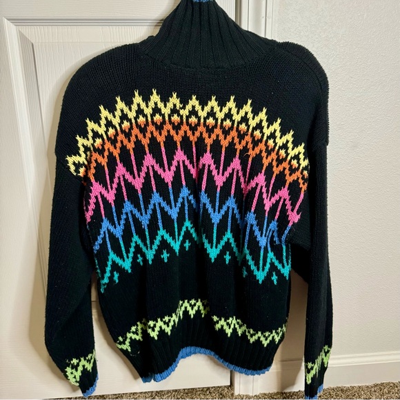 Vintage Black Liz Wear Chucky Cotton Turtleneck Sweater With Colorful Design - Picture 2 of 11